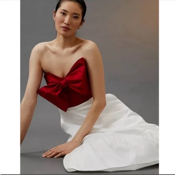 ANTHROPOLOGIE Bow Tie Maxi Dress Flounce Hem Strapless Red White Hutch NWT - Picture 2 of 8